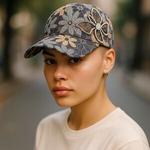 New, Floral& Rhinestone Embellished Cap - Blue and Black